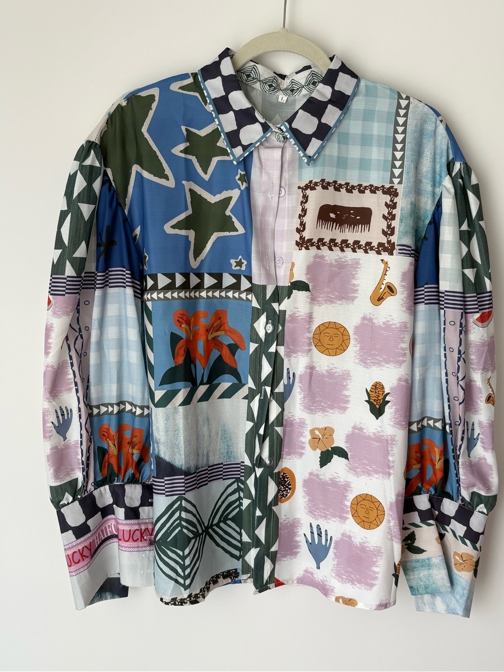 Women's Multi-Print Patchwork Button-Up Blouse.  Never worn
